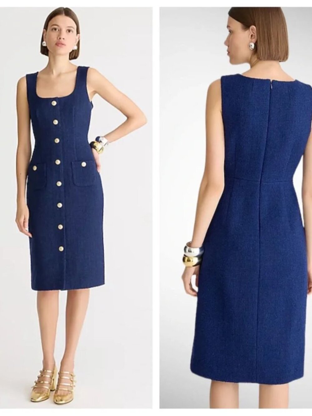 J. Crew Sophia Tweed Midi Dress Size 16 Navy Blue Preppy Career Work Office